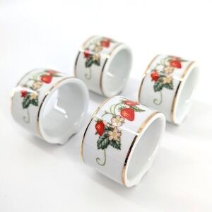 Avon Napkin Rings Set of 4 Strawberry Floral Gold Trim Made in Brazil